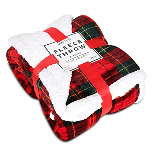 Adore Home Sherpa Fleece Throw Blanket Fluffy Soft Teddy With Flannel Front Double Size 150x200cm Checked & Plain, Red Check