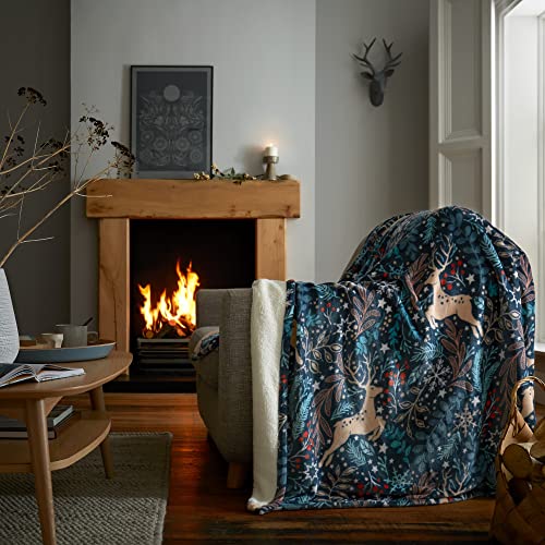 Happy Linen Company Winter Stags Blue Large Faux Fur Sherpa Fleece Throw