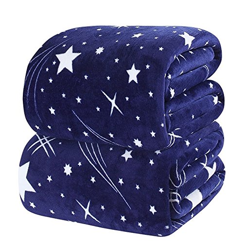 ZHH Stars Throw Silk Touch Warm Flannel Fleece Blankets Navy Blue Throws for Sofa, Bedroom, Couch, Travel, Kids Bedroom Accessories Fluffy Microfiber Fleece Blankets - Soft, Lightweight, 150 x 200cm