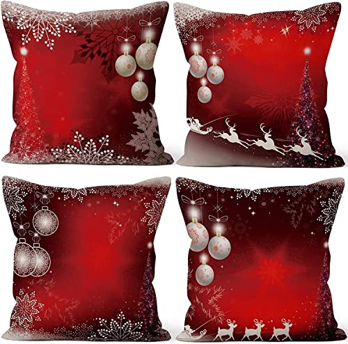 Aoihrraan Cushion Covers, Set of 4 Christmas Red Xmas Pillowcase Square Linen Throw Pillow Cover With Invisible Zipper for Sofa Car Outdoor Garden Bed Couch House Decorative 18" X 18"
