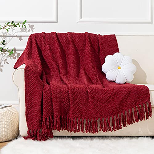 Battilo Red Throw Blanket for Christmas Decor, Burgundy Knit Throw Blanket with Tassels, Soft Cozy Warm Christmas Red Blanket for Couch Chair Bed Sofa Living Room, 150cmx200cm