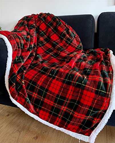 Adore Home Sherpa Fleece Throw Blanket Fluffy Soft Teddy With Flannel Front Double Size 150x200cm Checked & Plain, Red Check