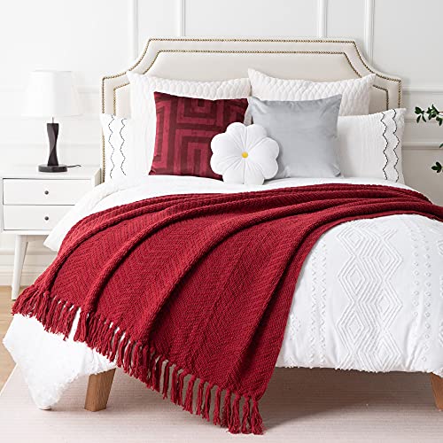 Battilo Red Throw Blanket for Christmas Decor, Burgundy Knit Throw Blanket with Tassels, Soft Cozy Warm Christmas Red Blanket for Couch Chair Bed Sofa Living Room, 150cmx200cm
