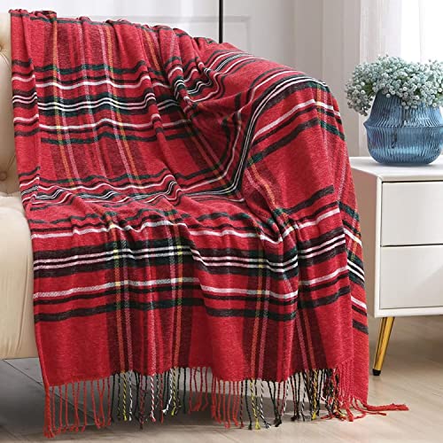 ESPFHN Chenille Throw Blanket with Tassels Plaid Throw Blanket Red Black Tartan，Throw Decorative for Sofa Chair Bed Couch Settee，Warm Thick Armchair Cover Christmas Blanket with Ruffles 127 * 152cm