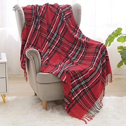 ESPFHN Chenille Throw Blanket with Tassels Plaid Throw Blanket Red Black Tartan，Throw Decorative for Sofa Chair Bed Couch Settee，Warm Thick Armchair Cover Christmas Blanket with Ruffles 127 * 152cm