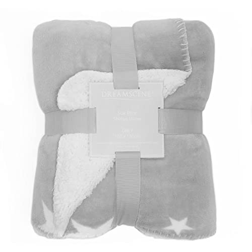 Dreamscene Star Sherpa Fleece Blanket Thermal Reverse Throw Soft Fluffy Plush Large Bedspread, 150 x 180 cm - Silver Grey White