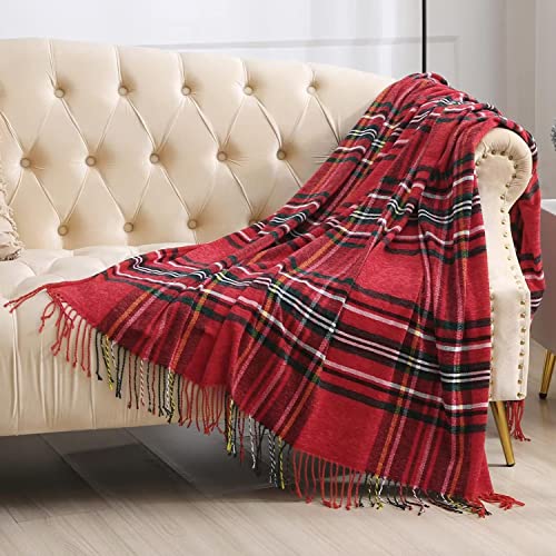 ESPFHN Chenille Throw Blanket with Tassels Plaid Throw Blanket Red Black Tartan，Throw Decorative for Sofa Chair Bed Couch Settee，Warm Thick Armchair Cover Christmas Blanket with Ruffles 127 * 152cm