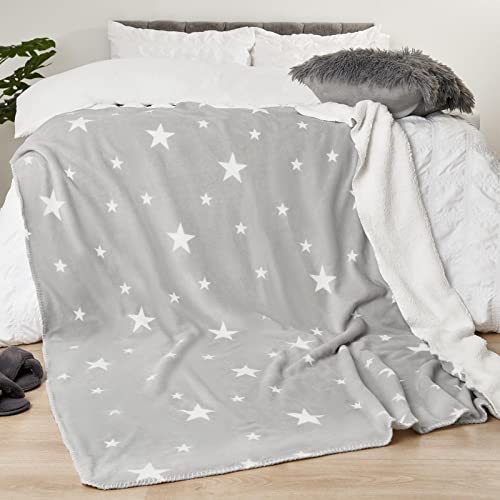 Dreamscene Star Sherpa Fleece Blanket Thermal Reverse Throw Soft Fluffy Plush Large Bedspread, 150 x 180 cm - Silver Grey White