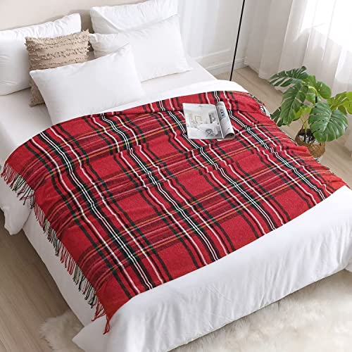 ESPFHN Chenille Throw Blanket with Tassels Plaid Throw Blanket Red Black Tartan，Throw Decorative for Sofa Chair Bed Couch Settee，Warm Thick Armchair Cover Christmas Blanket with Ruffles 127 * 152cm
