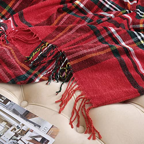 ESPFHN Chenille Throw Blanket with Tassels Plaid Throw Blanket Red Black Tartan，Throw Decorative for Sofa Chair Bed Couch Settee，Warm Thick Armchair Cover Christmas Blanket with Ruffles 127 * 152cm