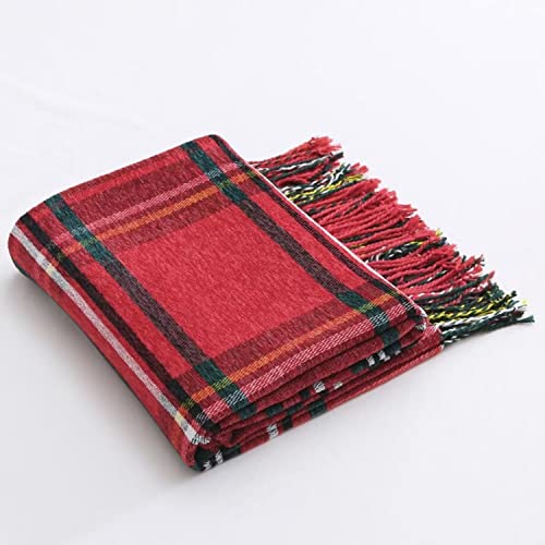 ESPFHN Chenille Throw Blanket with Tassels Plaid Throw Blanket Red Black Tartan，Throw Decorative for Sofa Chair Bed Couch Settee，Warm Thick Armchair Cover Christmas Blanket with Ruffles 127 * 152cm