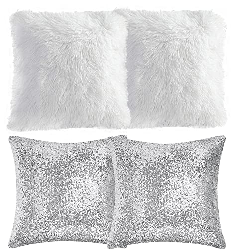 Sequin Fluffy Cushion Cases - 4 Pieces Square Faux Fur Throw Pillow Covers 16x16 Inches Glitter Christmas Decorations Pillowcases Soft Fuzzy Cushion Covers for Couch Bed Sofa Living Room (Silver)