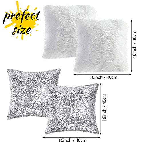 Sequin Fluffy Cushion Cases - 4 Pieces Square Faux Fur Throw Pillow Covers 16x16 Inches Glitter Christmas Decorations Pillowcases Soft Fuzzy Cushion Covers for Couch Bed Sofa Living Room (Silver)