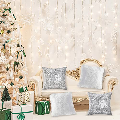 Sequin Fluffy Cushion Cases - 4 Pieces Square Faux Fur Throw Pillow Covers 16x16 Inches Glitter Christmas Decorations Pillowcases Soft Fuzzy Cushion Covers for Couch Bed Sofa Living Room (Silver)