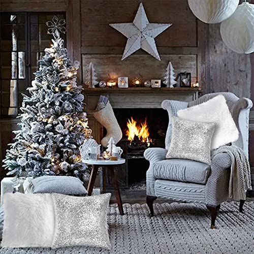 Sequin Fluffy Cushion Cases - 4 Pieces Square Faux Fur Throw Pillow Covers 16x16 Inches Glitter Christmas Decorations Pillowcases Soft Fuzzy Cushion Covers for Couch Bed Sofa Living Room (Silver)