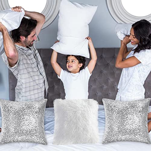 Sequin Fluffy Cushion Cases - 4 Pieces Square Faux Fur Throw Pillow Covers 16x16 Inches Glitter Christmas Decorations Pillowcases Soft Fuzzy Cushion Covers for Couch Bed Sofa Living Room (Silver)
