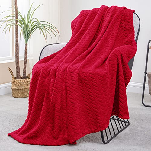 Exclusivo Mezcla Large Flannel Fleece Throw Blanket, 127x178 CM Sofa Throws, Soft Jacquard Weave Leaves Pattern Throws for Sofa, Red Blanket