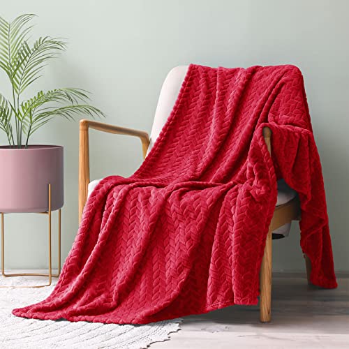 Exclusivo Mezcla Large Flannel Fleece Throw Blanket, 127x178 CM Sofa Throws, Soft Jacquard Weave Leaves Pattern Throws for Sofa, Red Blanket