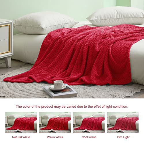 Exclusivo Mezcla Large Flannel Fleece Throw Blanket, 127x178 CM Sofa Throws, Soft Jacquard Weave Leaves Pattern Throws for Sofa, Red Blanket