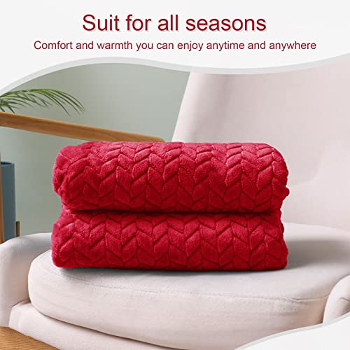 Exclusivo Mezcla Large Flannel Fleece Throw Blanket, 127x178 CM Sofa Throws, Soft Jacquard Weave Leaves Pattern Throws for Sofa, Red Blanket