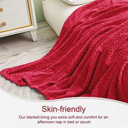 Exclusivo Mezcla Large Flannel Fleece Throw Blanket, 127x178 CM Sofa Throws, Soft Jacquard Weave Leaves Pattern Throws for Sofa, Red Blanket