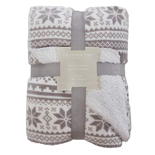 Dreamscene Large Sherpa Flannel Fleece Blanket Faux Fur Soft Warm Throw Over - Nordic Silver Grey White, 150 x 180cm