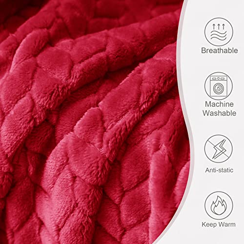 Exclusivo Mezcla Large Flannel Fleece Throw Blanket, 127x178 CM Sofa Throws, Soft Jacquard Weave Leaves Pattern Throws for Sofa, Red Blanket