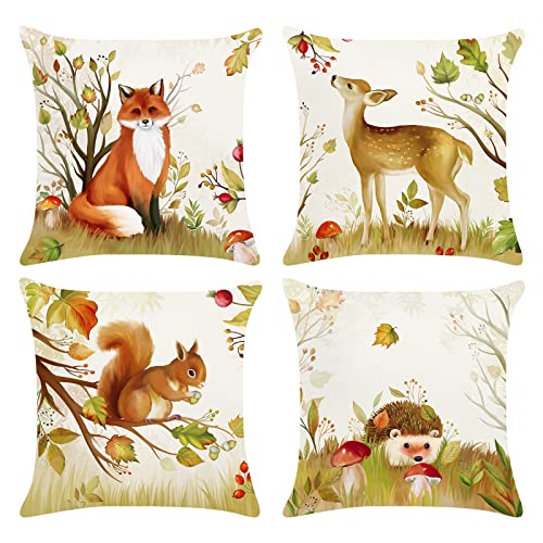 Bonhause Forest Animals Cushion Covers 45 x 45 cm Deer Fox Fall Decorative Throw Pillow Covers Soft Velvet Kids Pillows for Sofa Bed Home Kids Baby Room Set of 4