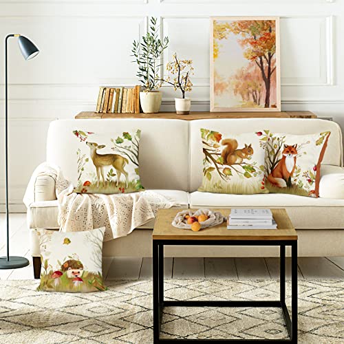 Bonhause Forest Animals Cushion Covers 45 x 45 cm Deer Fox Fall Decorative Throw Pillow Covers Soft Velvet Kids Pillows for Sofa Bed Home Kids Baby Room Set of 4