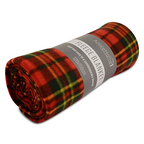 Adore Home Soft and Warm Single 120x150cm Tartan Check Printed Fleece Throw for Sofa Bed Travel Car Blanket (Red, Check)