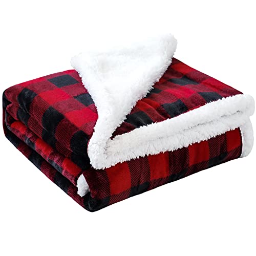 JOTOM Super Soft Fleece Throw Blanket Warm Thick Cozy Christmas Blanket Winter Fluffy Buffalo Plaid Couch Throw Blanket Holiday Plush Blanket for Sofa Single Bed Travel 127x152cm (Red Black Plaid)