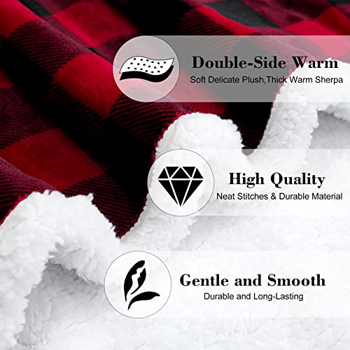 JOTOM Super Soft Fleece Throw Blanket Warm Thick Cozy Christmas Blanket Winter Fluffy Buffalo Plaid Couch Throw Blanket Holiday Plush Blanket for Sofa Single Bed Travel 127x152cm (Red Black Plaid)