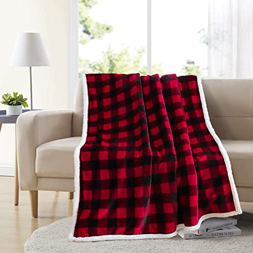 JOTOM Super Soft Fleece Throw Blanket Warm Thick Cozy Christmas Blanket Winter Fluffy Buffalo Plaid Couch Throw Blanket Holiday Plush Blanket for Sofa Single Bed Travel 127x152cm (Red Black Plaid)