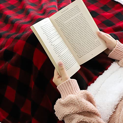 JOTOM Super Soft Fleece Throw Blanket Warm Thick Cozy Christmas Blanket Winter Fluffy Buffalo Plaid Couch Throw Blanket Holiday Plush Blanket for Sofa Single Bed Travel 127x152cm (Red Black Plaid)