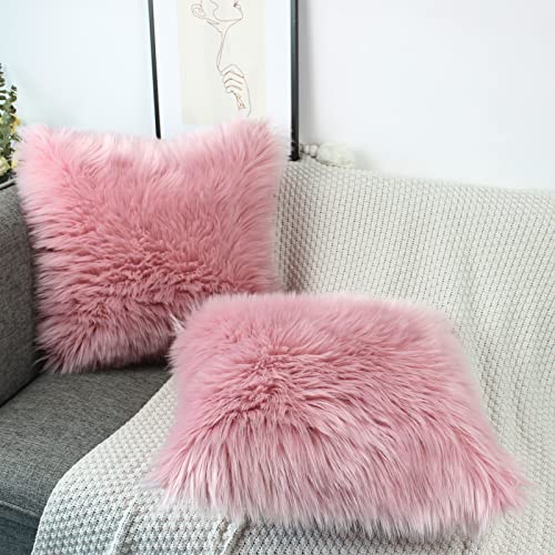 OYIMUA Blush Pink 16 x 16 Cushion Covers Pack of 2 Fluffy Soft Faux Fur Square Pillowcases, Luxury Home Decorative Fuzzy Pillow Covers Case 40cm x 40cm for Sofa Bed Living Room