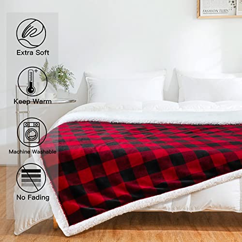 JOTOM Super Soft Fleece Throw Blanket Warm Thick Cozy Christmas Blanket Winter Fluffy Buffalo Plaid Couch Throw Blanket Holiday Plush Blanket for Sofa Single Bed Travel 127x152cm (Red Black Plaid)