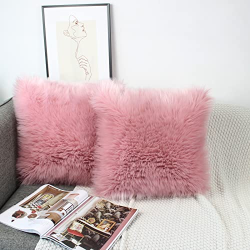 OYIMUA Blush Pink 16 x 16 Cushion Covers Pack of 2 Fluffy Soft Faux Fur Square Pillowcases, Luxury Home Decorative Fuzzy Pillow Covers Case 40cm x 40cm for Sofa Bed Living Room