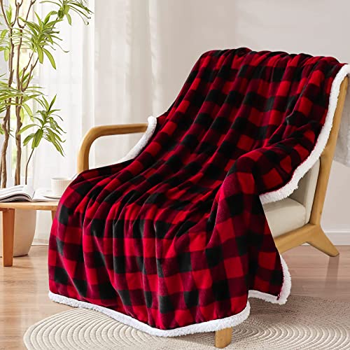 JOTOM Super Soft Fleece Throw Blanket Warm Thick Cozy Christmas Blanket Winter Fluffy Buffalo Plaid Couch Throw Blanket Holiday Plush Blanket for Sofa Single Bed Travel 127x152cm (Red Black Plaid)