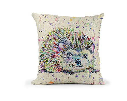 Vixar Hedgehog Watercolour Rainbow animal Linnen Cushion With filling or cover only, 40x40cm, gift, christmas, Birthday (Cover Only) (with Insert)