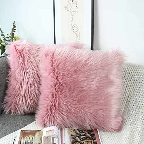 OYIMUA Blush Pink 16 x 16 Cushion Covers Pack of 2 Fluffy Soft Faux Fur Square Pillowcases, Luxury Home Decorative Fuzzy Pillow Covers Case 40cm x 40cm for Sofa Bed Living Room
