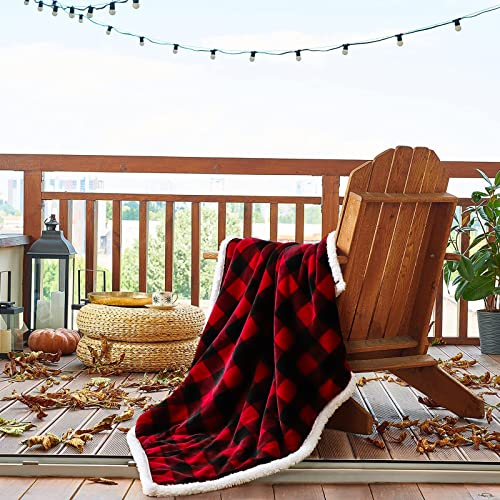 JOTOM Super Soft Fleece Throw Blanket Warm Thick Cozy Christmas Blanket Winter Fluffy Buffalo Plaid Couch Throw Blanket Holiday Plush Blanket for Sofa Single Bed Travel 127x152cm (Red Black Plaid)