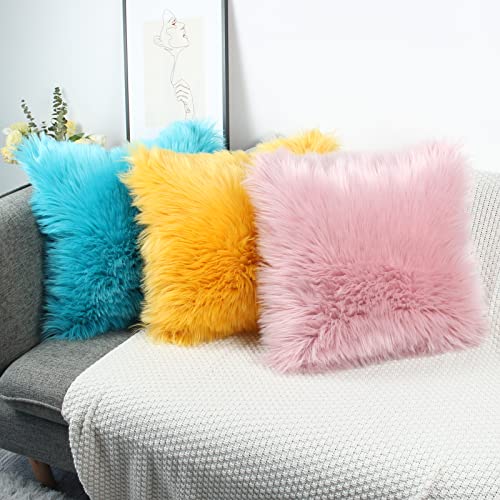 OYIMUA Blush Pink 16 x 16 Cushion Covers Pack of 2 Fluffy Soft Faux Fur Square Pillowcases, Luxury Home Decorative Fuzzy Pillow Covers Case 40cm x 40cm for Sofa Bed Living Room