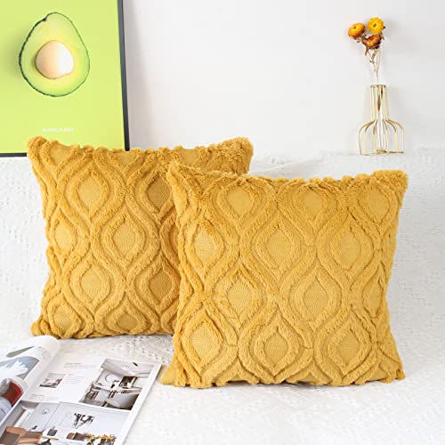 NIULAA Set of 2 Fluffy Faux Fur Cushion Covers 50cm x 50cm Mustard Yellow Embroidered Boho Decorative Throw Pillow Cases Velvet Cushion Cover 20x20 Inches for Sofa Living Room Farmhouse