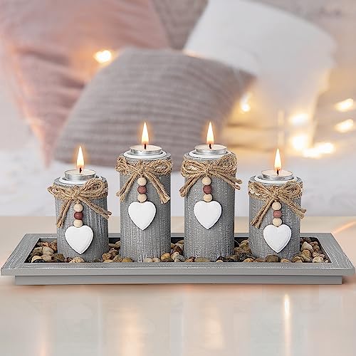 GoMaihe Candle Holder Set of 4 with Wodden Tray, Tealight Holders Vintage Candlestick Holder, Table Centerpiece Home Decor Living Room Bedroom Decoration Wedding Birthday Christmas Party Ornaments