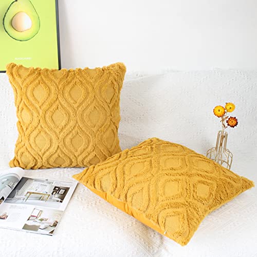 NIULAA Set of 2 Fluffy Faux Fur Cushion Covers 50cm x 50cm Mustard Yellow Embroidered Boho Decorative Throw Pillow Cases Velvet Cushion Cover 20x20 Inches for Sofa Living Room Farmhouse