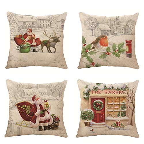 TUKAILAI Set of 4pcs Cotton Linen Throw Pillow Case Cushion Covers Christmas 18 x 18 inches Santa Claus Robin