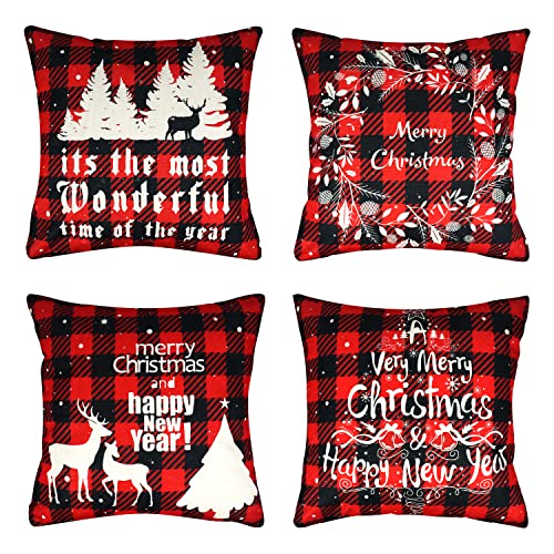 QETRABONE 4 Pack Christmas Cushion Covers, Christmas Decorations Throw Pillow Covers for Sofa Xmas Room Decorations 18'' x 18'' Cotton Linen Decorative Christmas Square Pillowcase Room Decorations