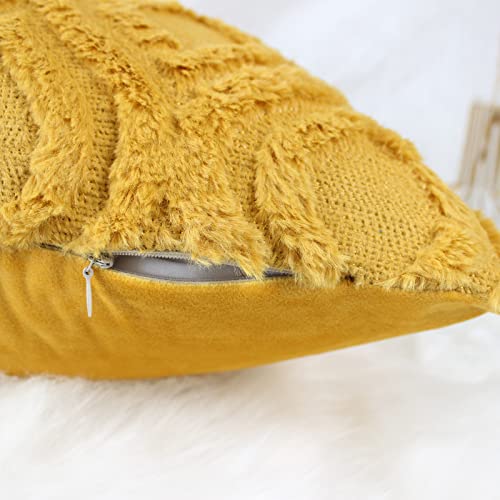 NIULAA Set of 2 Fluffy Faux Fur Cushion Covers 50cm x 50cm Mustard Yellow Embroidered Boho Decorative Throw Pillow Cases Velvet Cushion Cover 20x20 Inches for Sofa Living Room Farmhouse