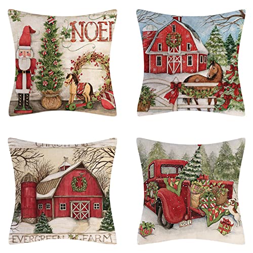 cykapu 4Pc Christmas Cushion Cover, Christmas Decorations Pillow Covers Xmas Tree House Car Santa Linen, Christmas Pillow Cover for Sofa Home Décor Xmas Gifts New Year Party, 45CM*45CM
