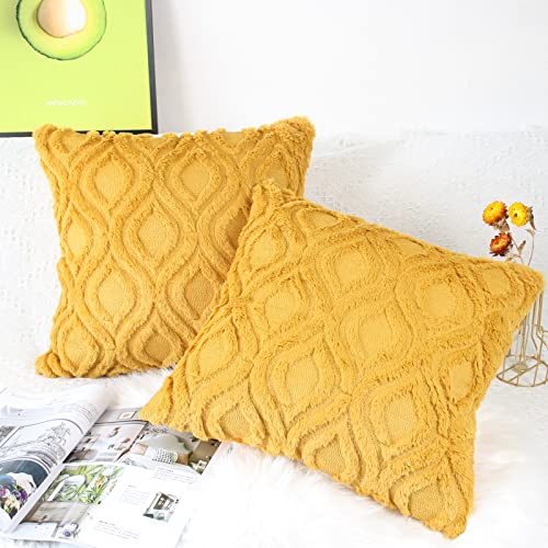 NIULAA Set of 2 Fluffy Faux Fur Cushion Covers 50cm x 50cm Mustard Yellow Embroidered Boho Decorative Throw Pillow Cases Velvet Cushion Cover 20x20 Inches for Sofa Living Room Farmhouse